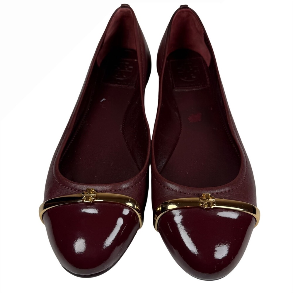 TORY BURCH Burgundy Leather Patent Cap Toe Gold Logo Ballet Flats Size 7M